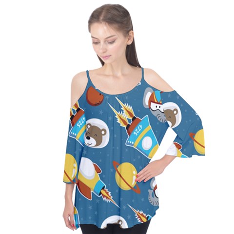 Seamless-pattern-vector-with-spacecraft-funny-animals-astronaut Flutter Sleeve Tee  by Jancukart