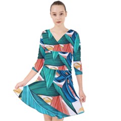 Leaves Tropical Exotic Quarter Sleeve Front Wrap Dress by artworkshop