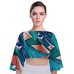 Leaves Tropical Exotic Tie Back Butterfly Sleeve Chiffon Top by artworkshop