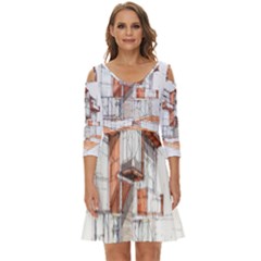 Rag-flats-onion-flats-llc-architecture-drawing Graffiti-architecture Shoulder Cut Out Zip Up Dress by Jancukart