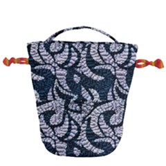 Blue On Grey Stitches Drawstring Bucket Bag by kaleidomarblingart