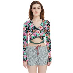 Flower Black Pink Velvet Wrap Crop Top And Shorts Set by flowerland