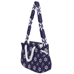 White Blue Floral Pattern Rope Handles Shoulder Strap Bag by designsbymallika