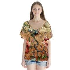 Flower Cubism Mosaic Vintage V-neck Flutter Sleeve Top by Sapixe
