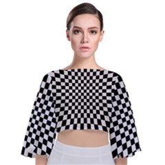 Illusion Checkerboard Black And White Pattern Tie Back Butterfly Sleeve Chiffon Top by Zezheshop