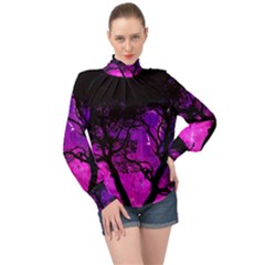 Tree Men Space Universe Surreal High Neck Long Sleeve Chiffon Top by Amaryn4rt