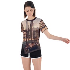 The Harbor, Riva, Lake Garda, Italy 1890-1900 2 Background Brown Asymmetrical Short Sleeve Sports Tee by ConteMonfrey