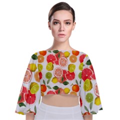 Citrus Fruit Seamless Pattern Tie Back Butterfly Sleeve Chiffon Top by Wegoenart