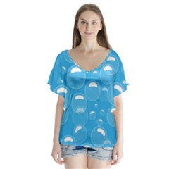 Pattern Blue Bubble Pattern Background V-neck Flutter Sleeve Top by Amaryn4rt