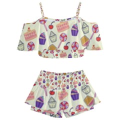 Food Illustration Cupcake Pattern Lollipop Kids  Off Shoulder Skirt Bikini by Amaryn4rt