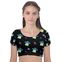 Illustration Cosmos Cosmo Rocket Spaceship Ufo Velvet Short Sleeve Crop Top  by danenraven