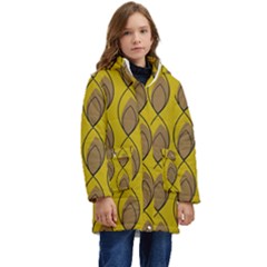 Yellow Brown Minimalist Leaves  Kid s Hooded Longline Puffer Jacket by ConteMonfrey