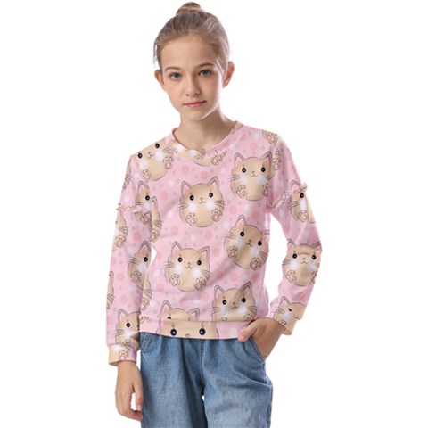 Cat Pattern Pink Background Kids  Long Sleeve Tee With Frill  by danenraven