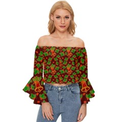Illustration Xmas Christmas Pattern Off Shoulder Flutter Bell Sleeve Top by danenraven