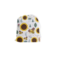 Nature Honeybee Sunflower Leaves Leaf Seamless Background Drawstring Pouch (small) by Jancukart