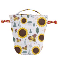 Nature Honeybee Sunflower Leaves Leaf Seamless Background Drawstring Bucket Bag by Jancukart