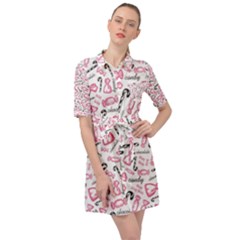 Candy Pink Black-cute Sweat Belted Shirt Dress by Ravend
