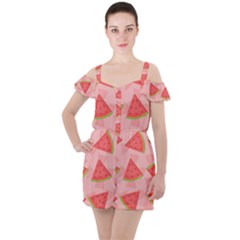 Background Watermelon Pattern Fruit Ruffle Cut Out Chiffon Playsuit by Wegoenart