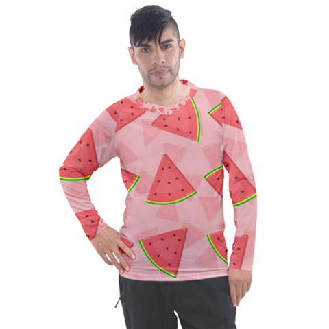 Background Watermelon Pattern Fruit Men s Pique Long Sleeve Tee by Wegoenart
