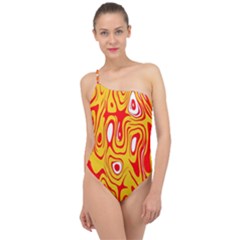 Red-yellow Classic One Shoulder Swimsuit by nateshop