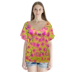 Cherries Fruit Food Neon Texture Fluorescent V-neck Flutter Sleeve Top by Wegoenart