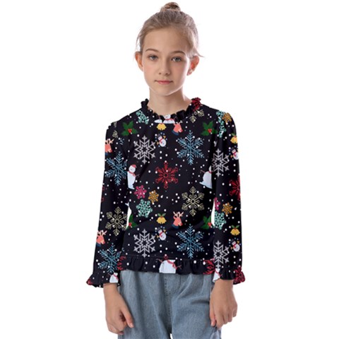 Christmas Thanksgiving Pattern Kids  Frill Detail Tee by Ravend