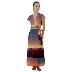 Fantasy World Red Bubbles Landscape Flutter Sleeve Maxi Dress by Wegoenart