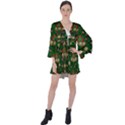 Ganesh Elephant Art With Waterlilies V-Neck Flare Sleeve Mini Dress View1