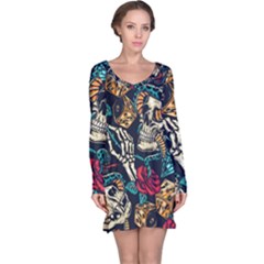 Vintage Art Tattoos Colorful Seamless Pattern Long Sleeve Nightdress by Ravend