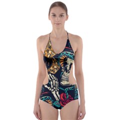 Vintage Art Tattoos Colorful Seamless Pattern Cut-out One Piece Swimsuit by Ravend