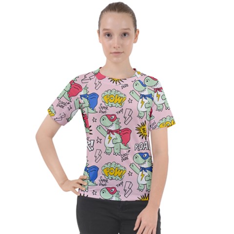 Seamless Pattern With Many Funny Cute Superhero Dinosaurs T-rex Mask Cloak With Comics Style Women s Sport Raglan Tee by Ravend