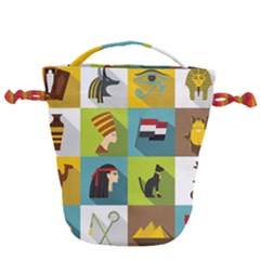 Egypt-travel-items-icons-set-flat-style Drawstring Bucket Bag by Jancukart