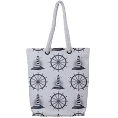 Marine-nautical-seamless-pattern-with-vintage-lighthouse-wheel Full Print Rope Handle Tote (small) by Jancukart