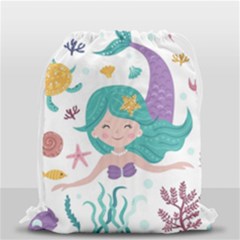 Set-cute-mermaid-seaweeds-marine-inhabitants Drawstring Bag (small) by Jancukart