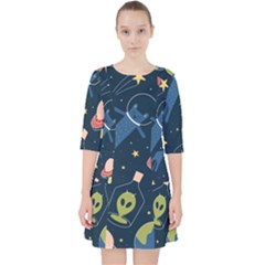 Seamless Pattern With Funny Alien Cat Galaxy Quarter Sleeve Pocket Dress by Wegoenart
