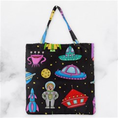 Seamless Pattern With Space Object Ufo Rocket Alien Hand Drawn Element Space Grocery Tote Bag by Wegoenart