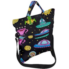 Seamless Pattern With Space Object Ufo Rocket Alien Hand Drawn Element Space Fold Over Handle Tote Bag by Wegoenart