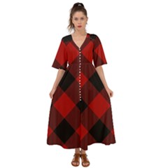 Black And Dark Red Plaids Kimono Sleeve Boho Dress by ConteMonfrey