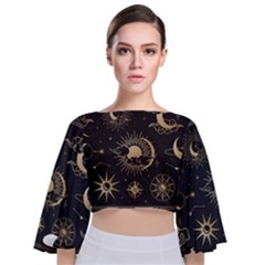 Asian-set-with-clouds-moon-sun-stars-vector-collection-oriental-chinese-japanese-korean-style Tie Back Butterfly Sleeve Chiffon Top by Wegoenart