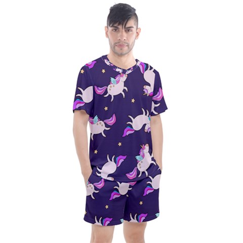 Fantasy Fat Unicorn Horse-pattern Fabric Design Men s Mesh Tee And Shorts Set by Wegoenart
