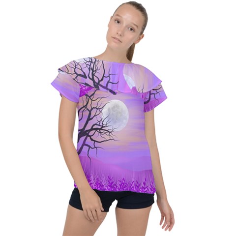 Abstract Nature Landscape Illustration Sky Clouds Ruffle Collar Chiffon Blouse by Wegoenart