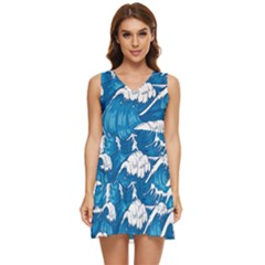 Storm Waves Seamless Pattern Raging Ocean Water Sea Wave Vintage Japanese Storms Print Illustration Tiered Sleeveless Mini Dress by BangZart