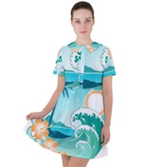 Paradise Heaven Holiday Beach Orange Ocean Short Sleeve Shoulder Cut Out Dress  by Jancukart