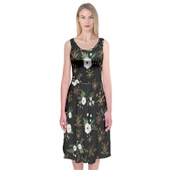 Black And White Floral Textile Digital Art Abstract Pattern Midi Sleeveless Dress by danenraven