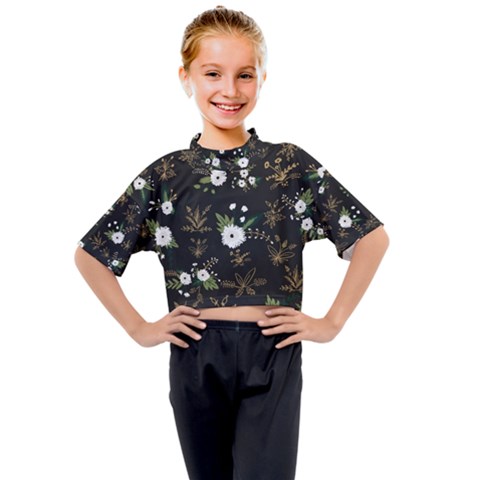 Black And White Floral Textile Digital Art Abstract Pattern Kids Mock Neck Tee by danenraven