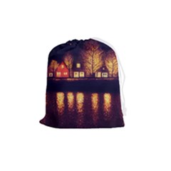 Night Houses River Bokeh Leaves Fall Autumn Drawstring Pouch (medium) by danenraven