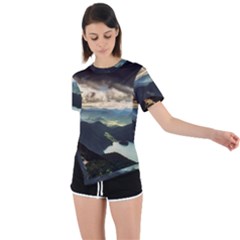 Mountains Sky Clouds Sunset Peak Overlook River Asymmetrical Short Sleeve Sports Tee by danenraven