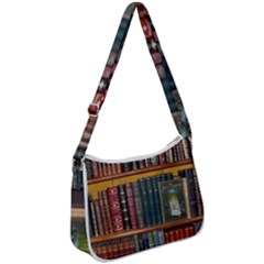 Books Library Bookshelf Bookshop Vintage Antique Zip Up Shoulder Bag by danenraven