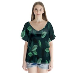 Leaves Pattern V-neck Flutter Sleeve Top by artworkshop