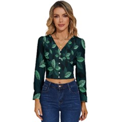Leaves Pattern Long Sleeve V-neck Top by artworkshop
